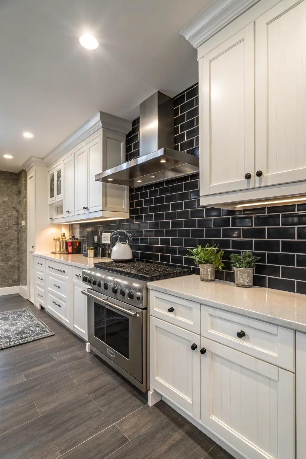 A captivating contrast featuring a dark backsplash paired with bright white cabinetry.