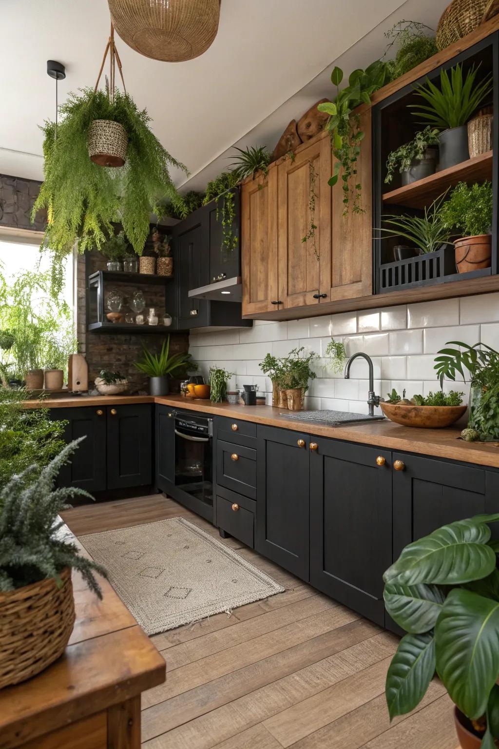 Wood accents and greenery enrich deep-toned kitchen cabinets with warmth.