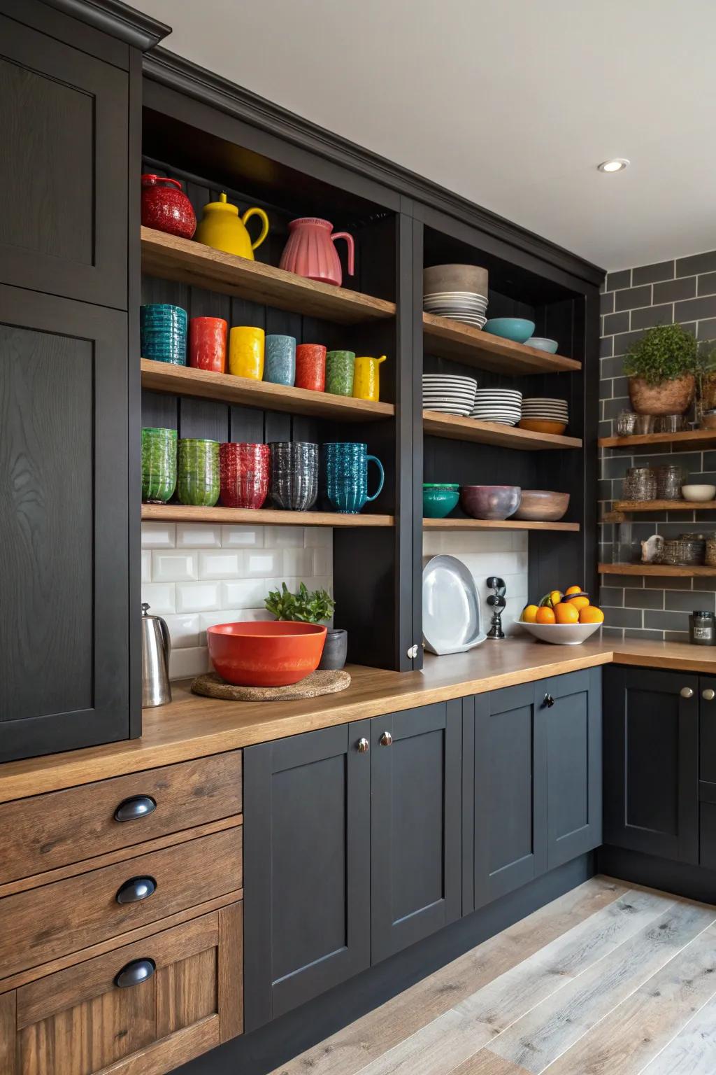 Uncovered shelving imparts appeal and character to a cooking area featuring deep-shaded cabinetry.