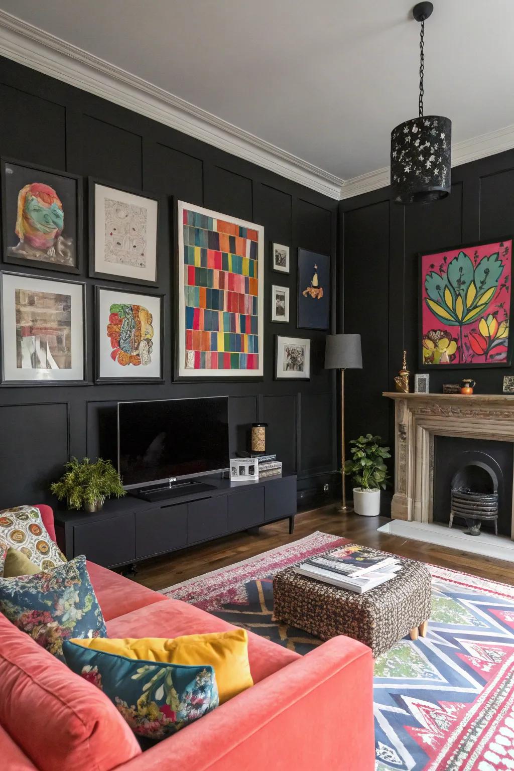 A striking black-walled living room with colorful artwork.