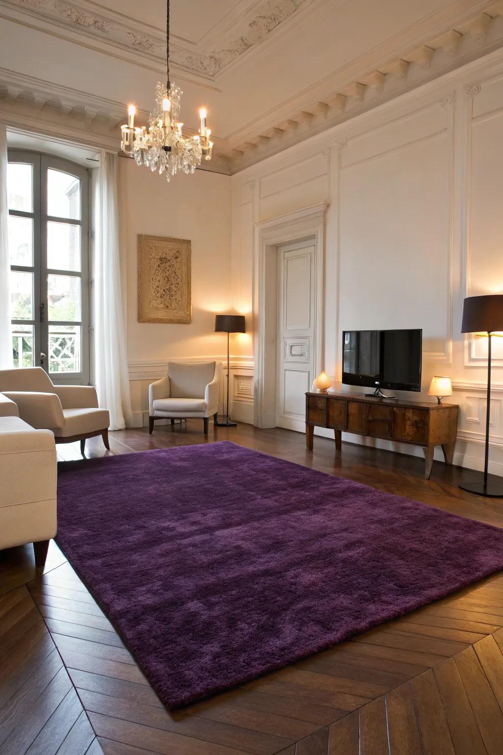 A deep violet floor covering injects texture and unity into this minimalist living room.