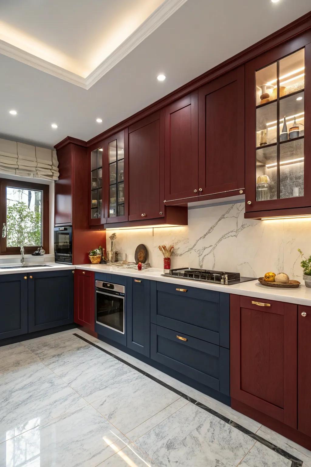 Duo-color kitchen cabinets showcasing scarlet tones and deep blue.