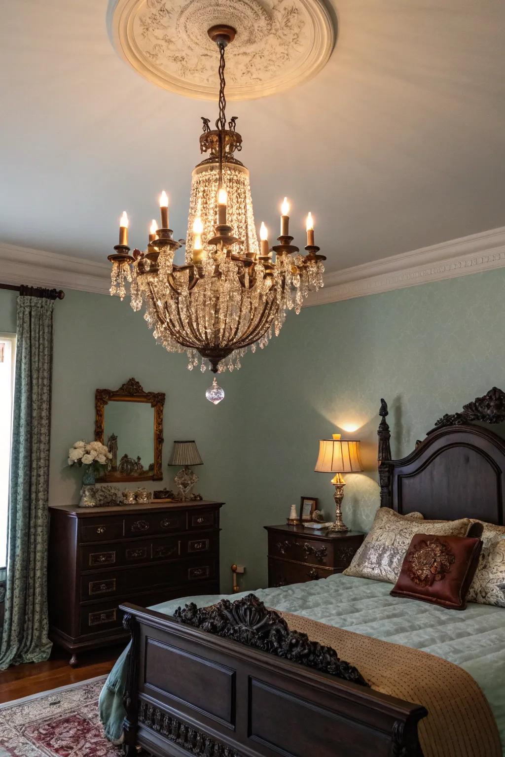 A vintage-inspired chandelier acts as a sophisticated focal point within a shadowy vintage bedroom.