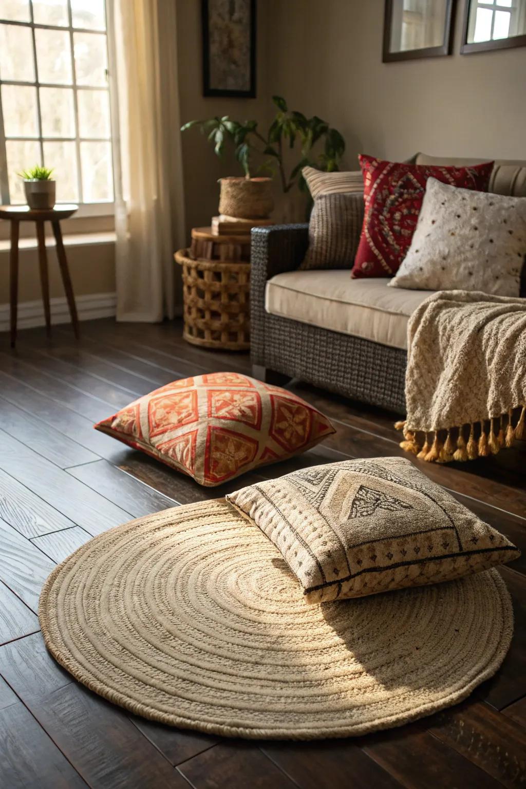 Several textures bring dimension to the space featuring dark floors.