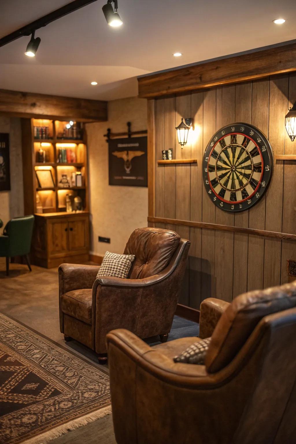 A getaway space featuring a dart board for fun.