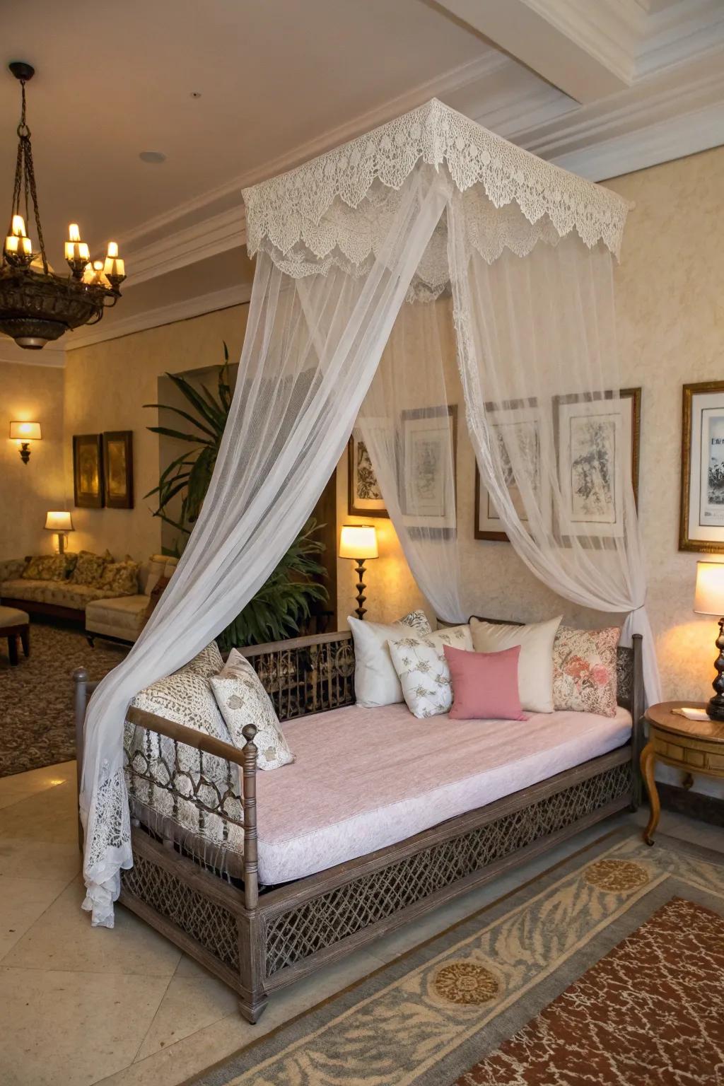 A canopy introduces an element of showmanship to this exquisitely styled daybed.