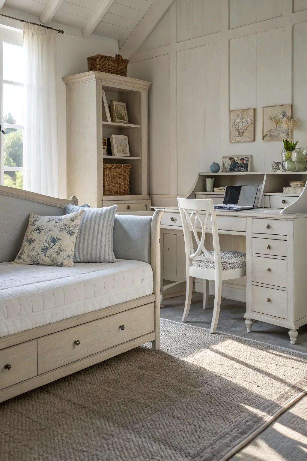 Subtle shades bring peace and openness to a space that does many things.