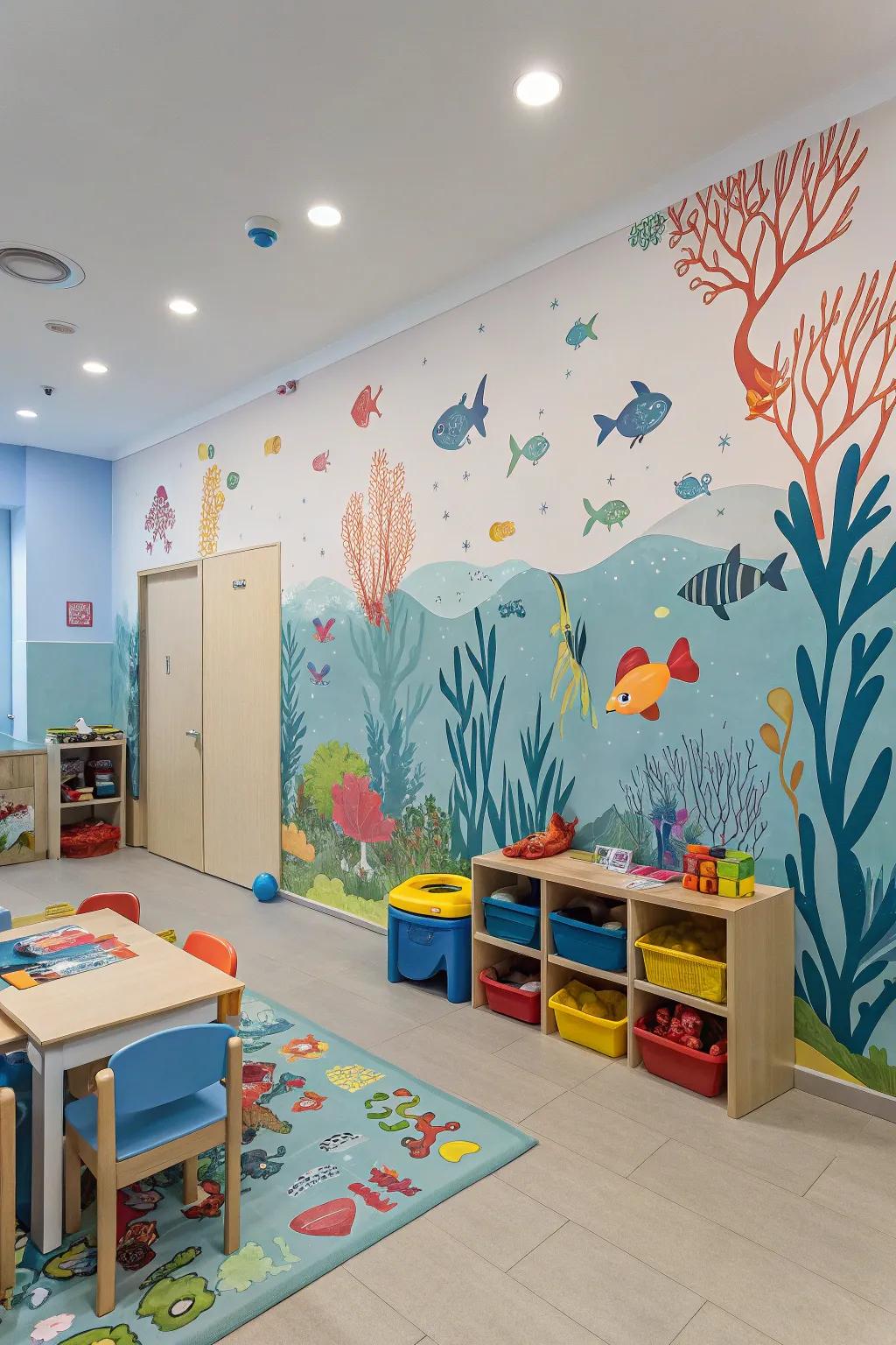 A daycare room surrounded by underwater-themed wallpaper.