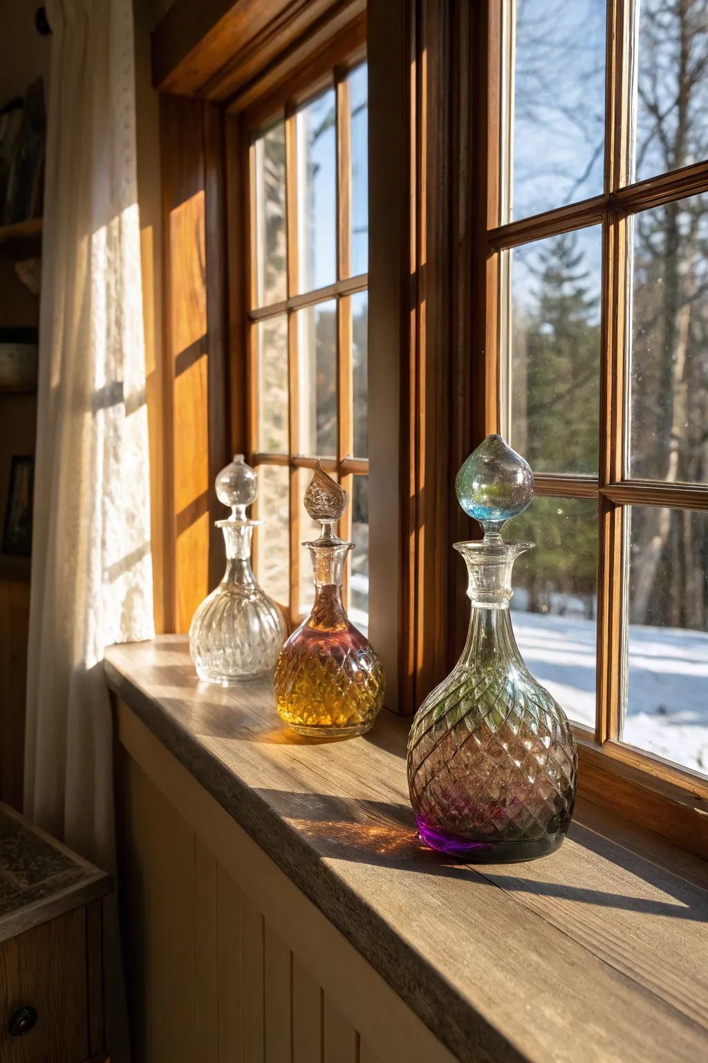 Elegant vessels shimmering under sunlight on a windowsill.