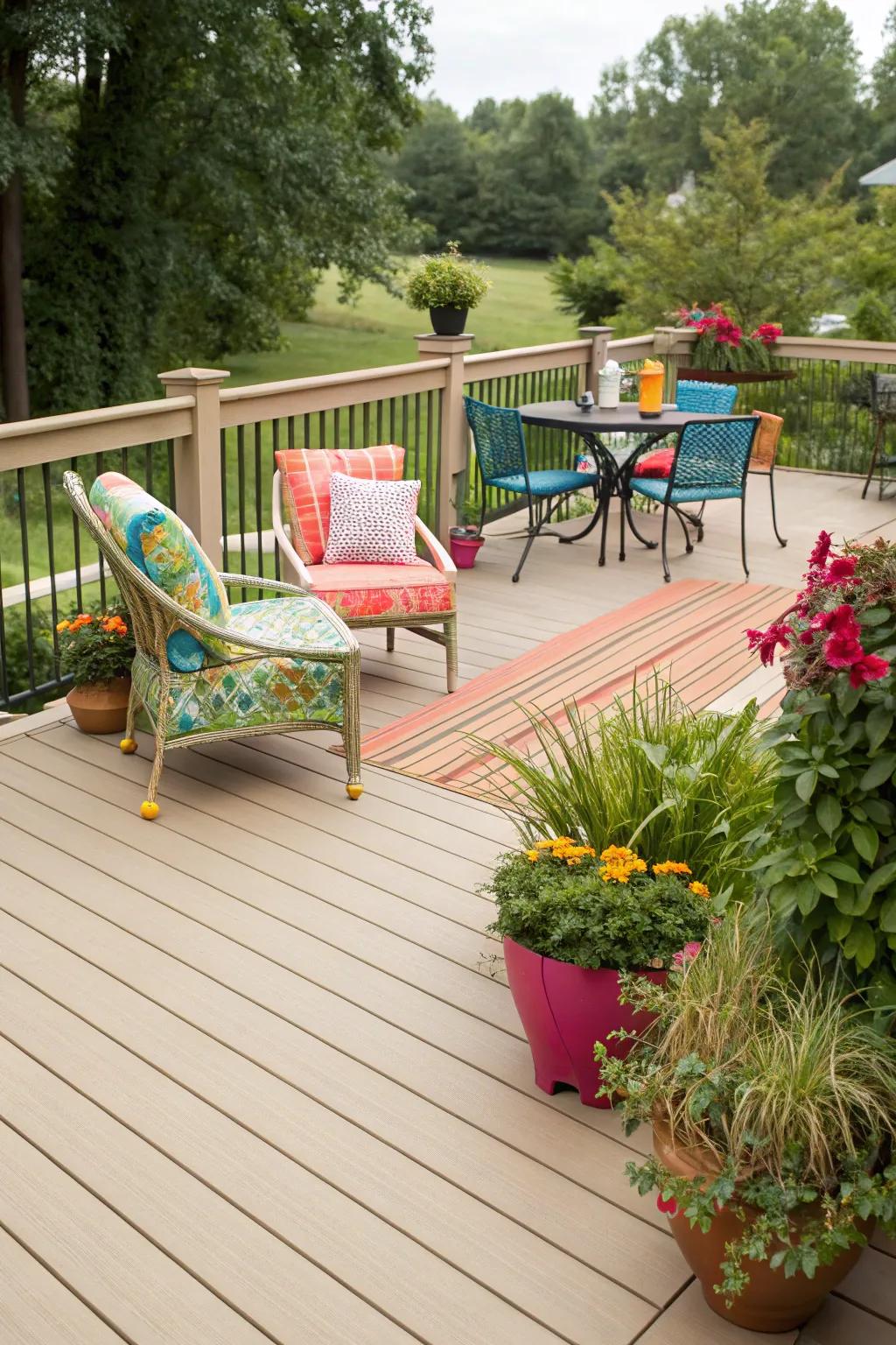 Sandstone decks serve as an impeccable neutral foundation.