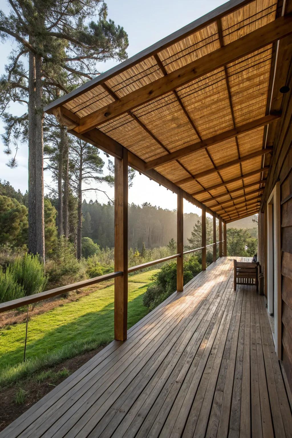 Homespun timber planks supply a snug and shadowed deck atmosphere.