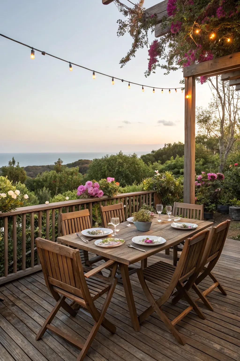 An inviting dining area on a deck, ready for a lovely meal outdoors.