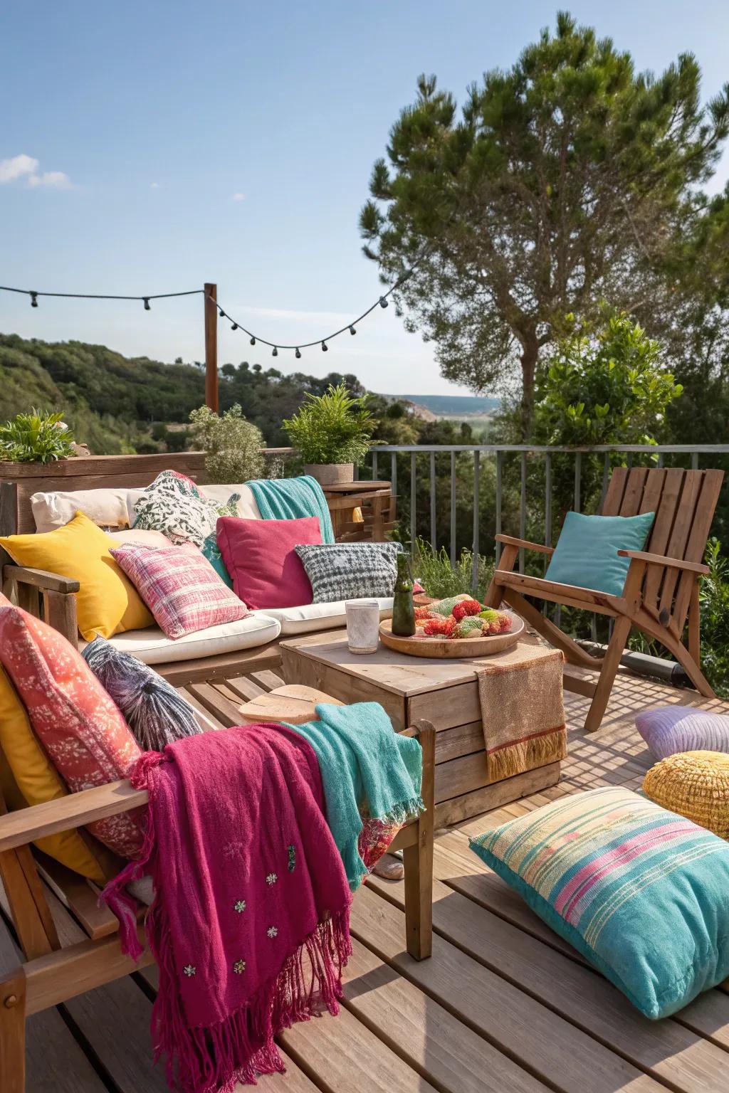 Comforting fabrics contribute warmth, color, and ease to your deck setting.