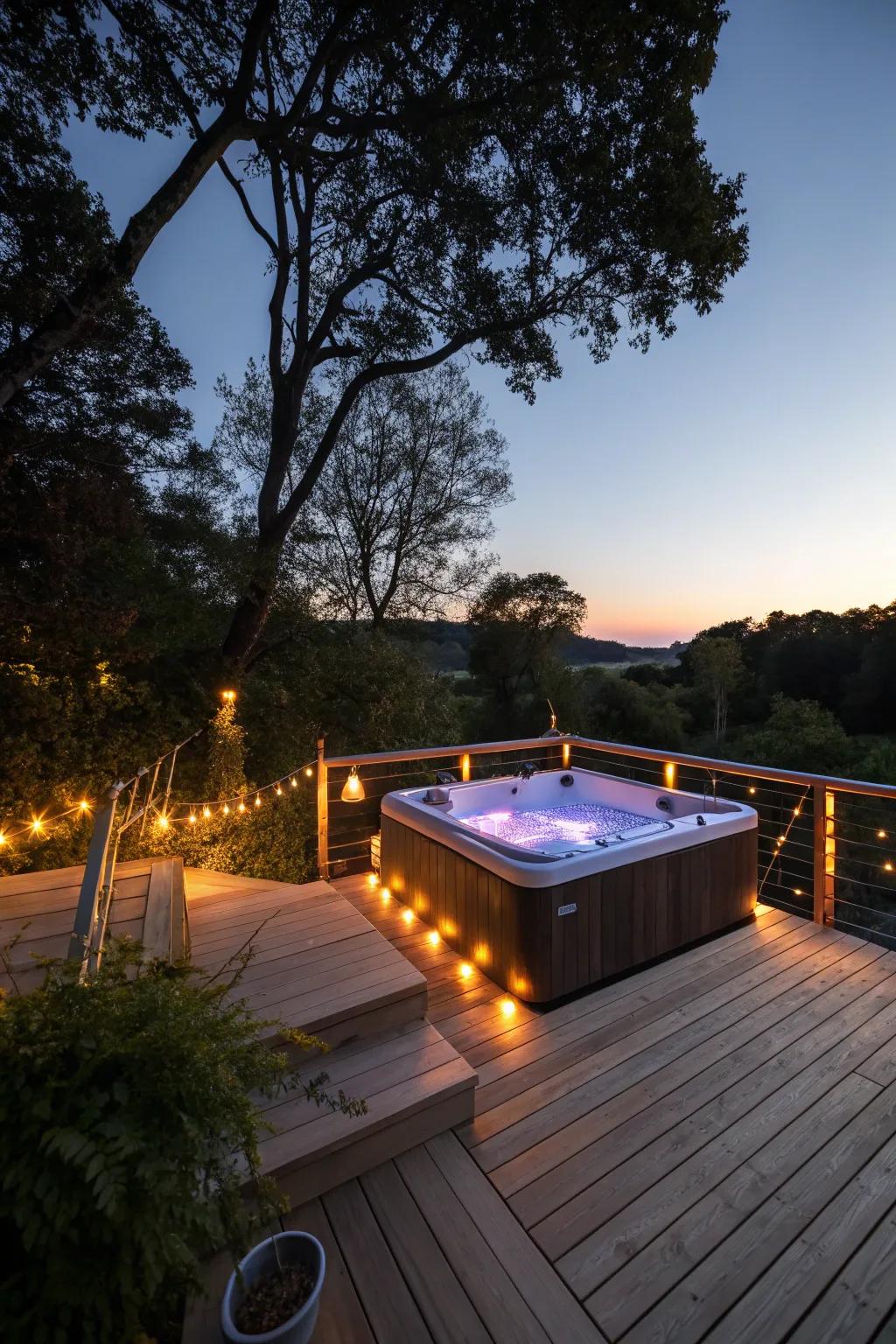 Attractive lighting enriches the atmosphere surrounding the hot tub.