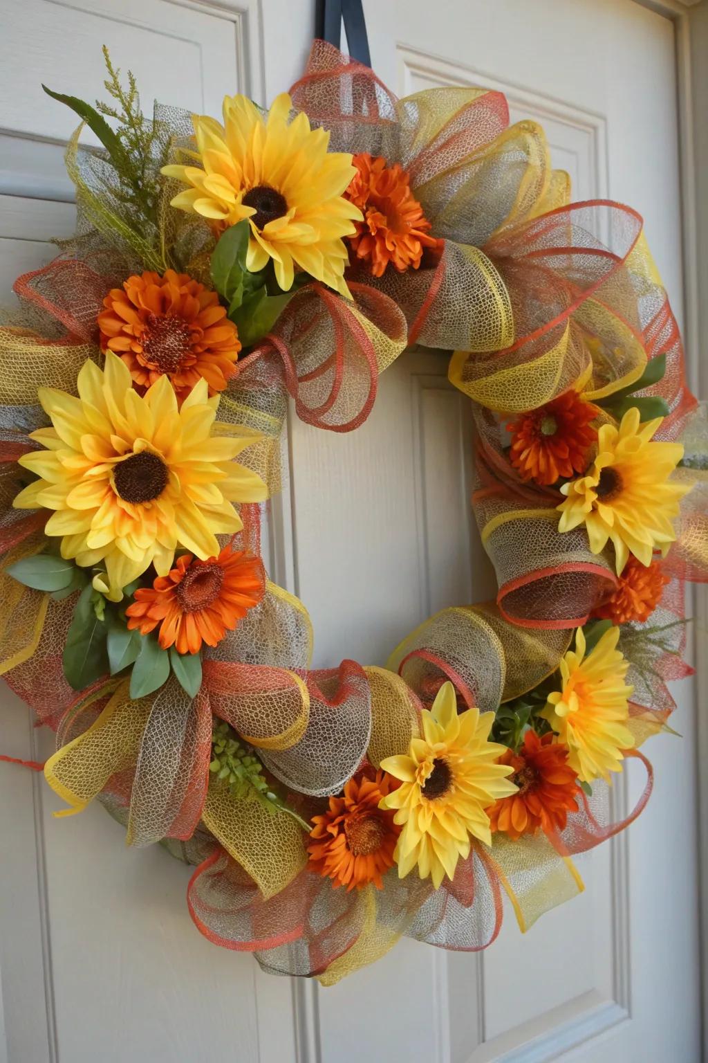 Radiant silk flowers accentuate the beauty of this deco mesh wreath.