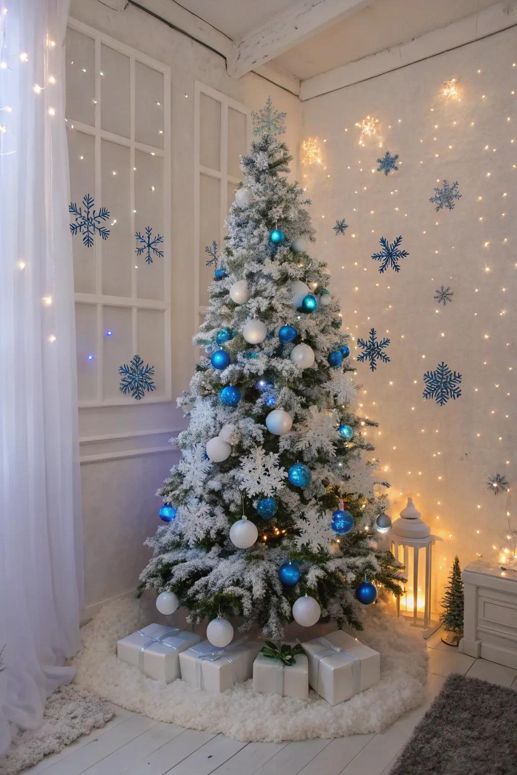 A winter-inspired Christmas tree sporting azure and snow lights and snowflake ornaments.