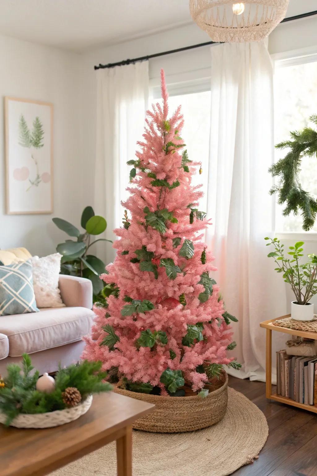 A balanced mix of pink and green decor.