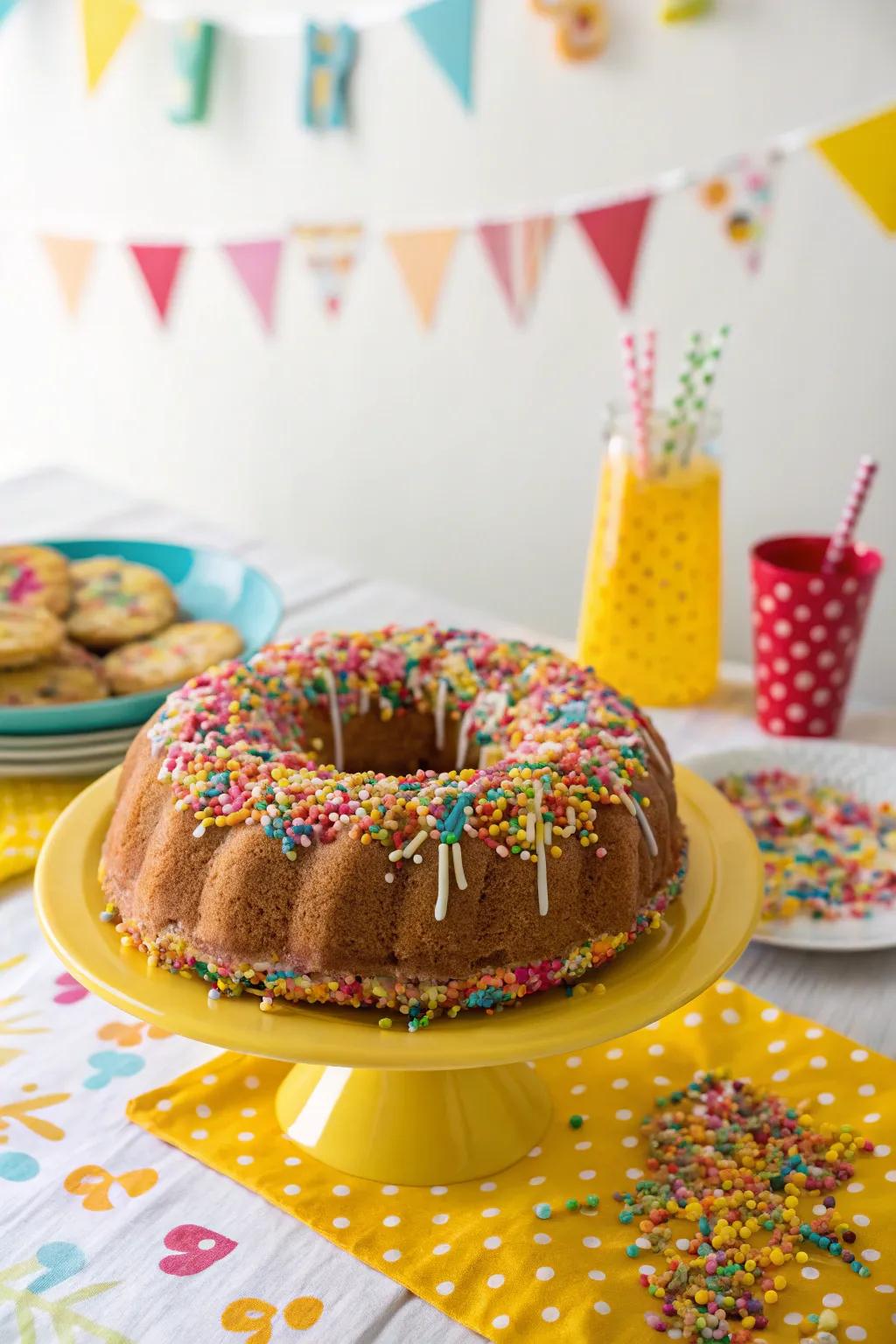 A bundt cake coated in vibrant, colorful sprinkles.