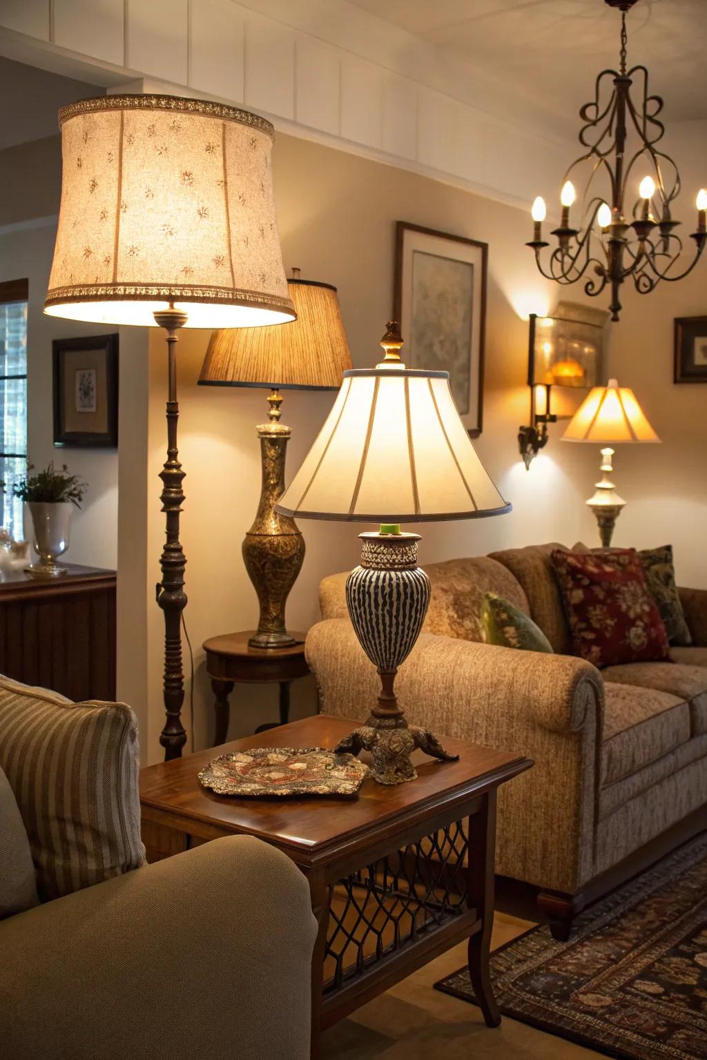 Layered lighting with various lamps creates a cozy setting.