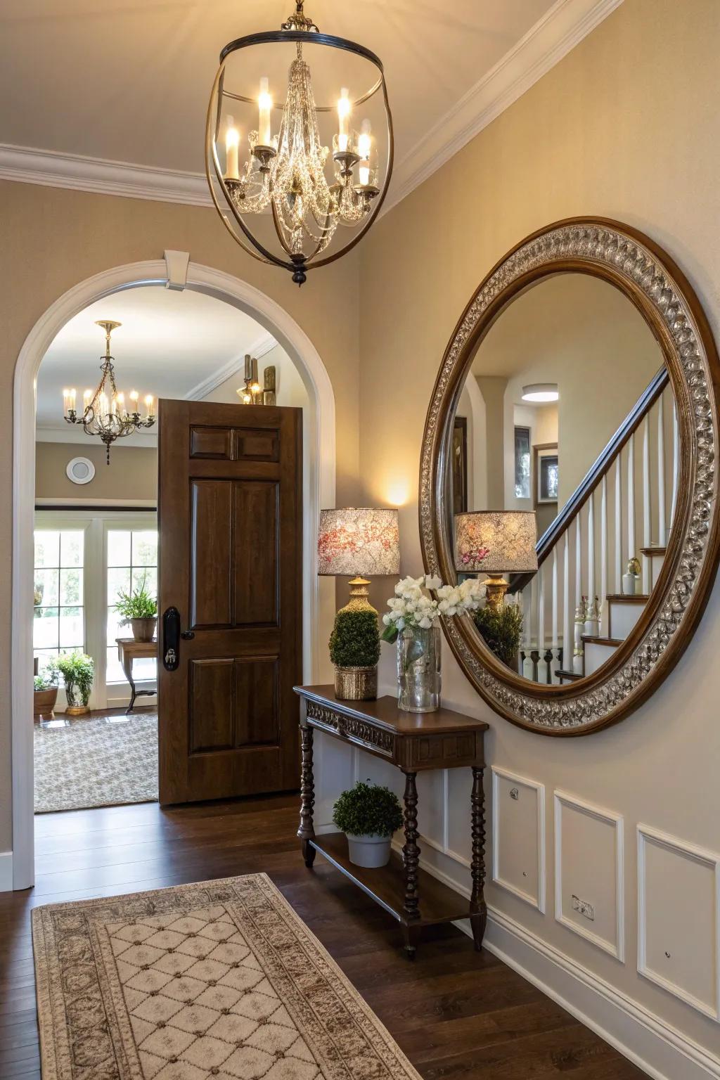 A mirror in the entryway crafts a luminous and welcoming atmosphere.