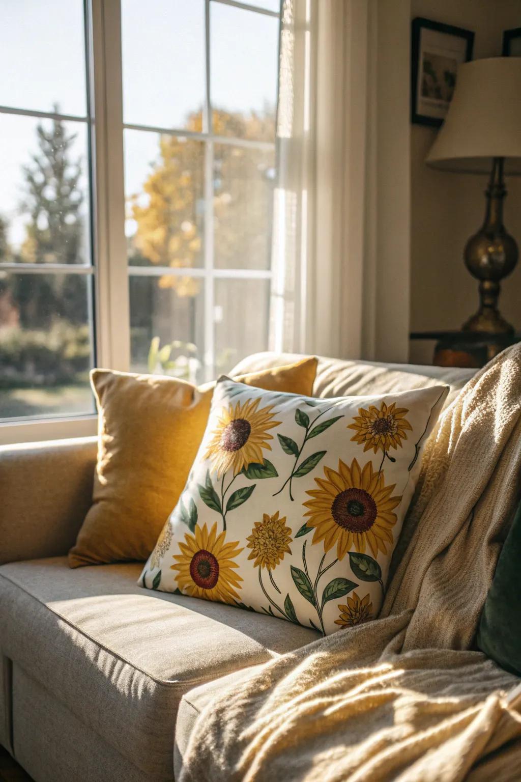 Pillows with a sunflower pattern introduce warmth and hue to your seating area.