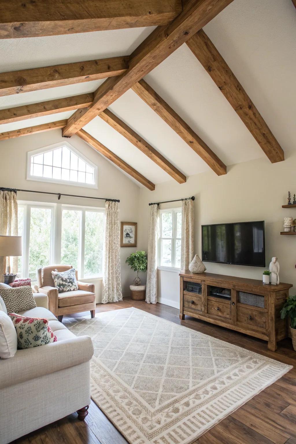 DIY faux beams offer a convincing wooden aesthetic without straining your budget.