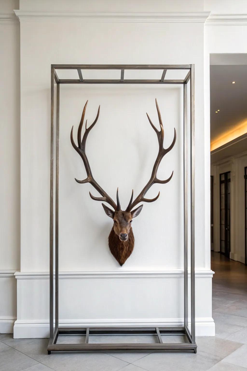 Deer antlers in a sleek metal structure offer a minimalist touch to a modern wall.