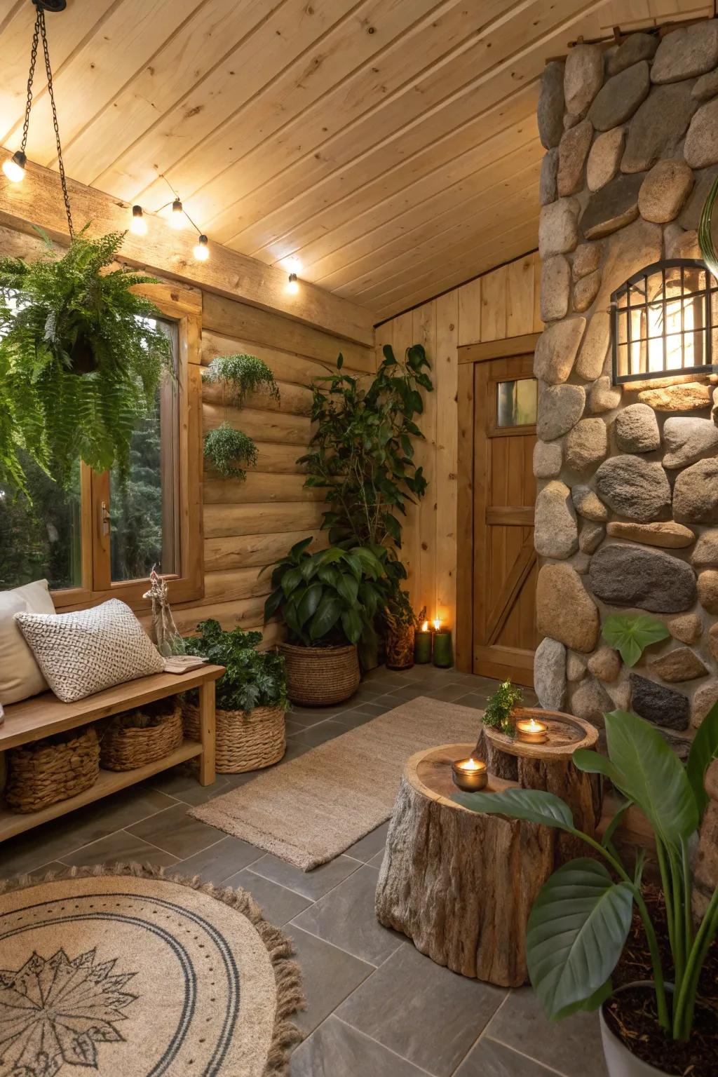 A nature-influenced den with earthy tones and raw elements.