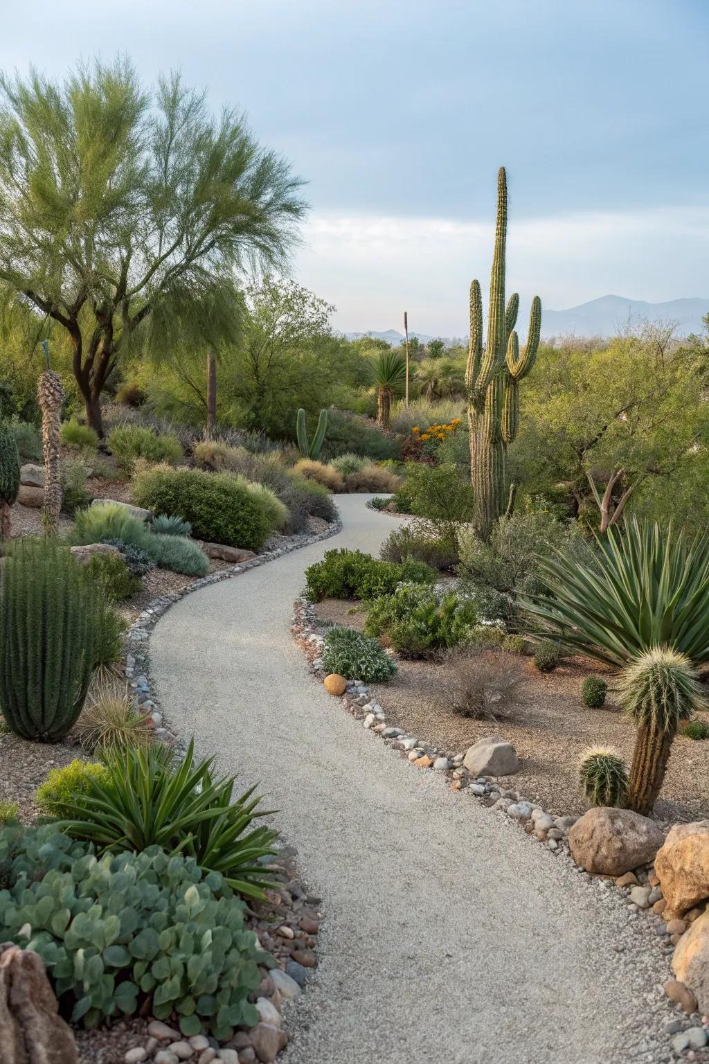 Gravel paths make a clean and useful design in desert gardens.