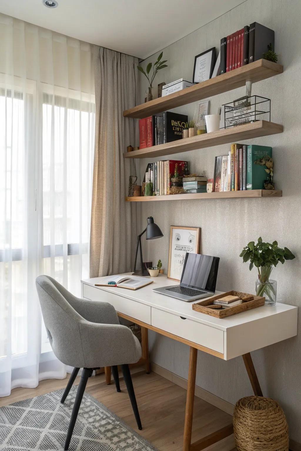 Floating displays providing stylish storage above a desk.