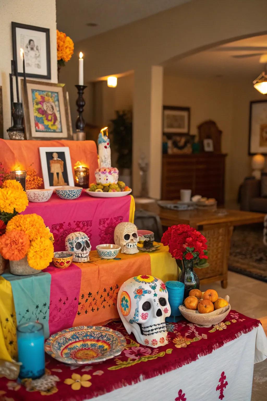 Sugar crafted skulls inject a playful and colorful essence into the altar.