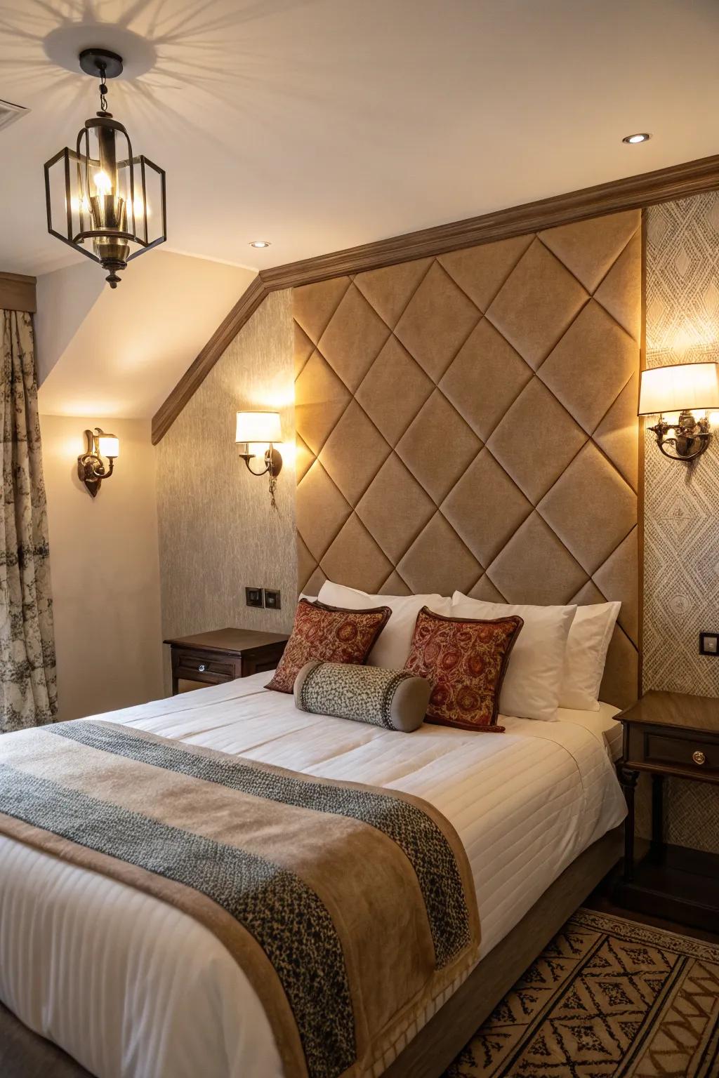 Strategic lighting enhances the pleasant feel of a diagonally positioned bed.