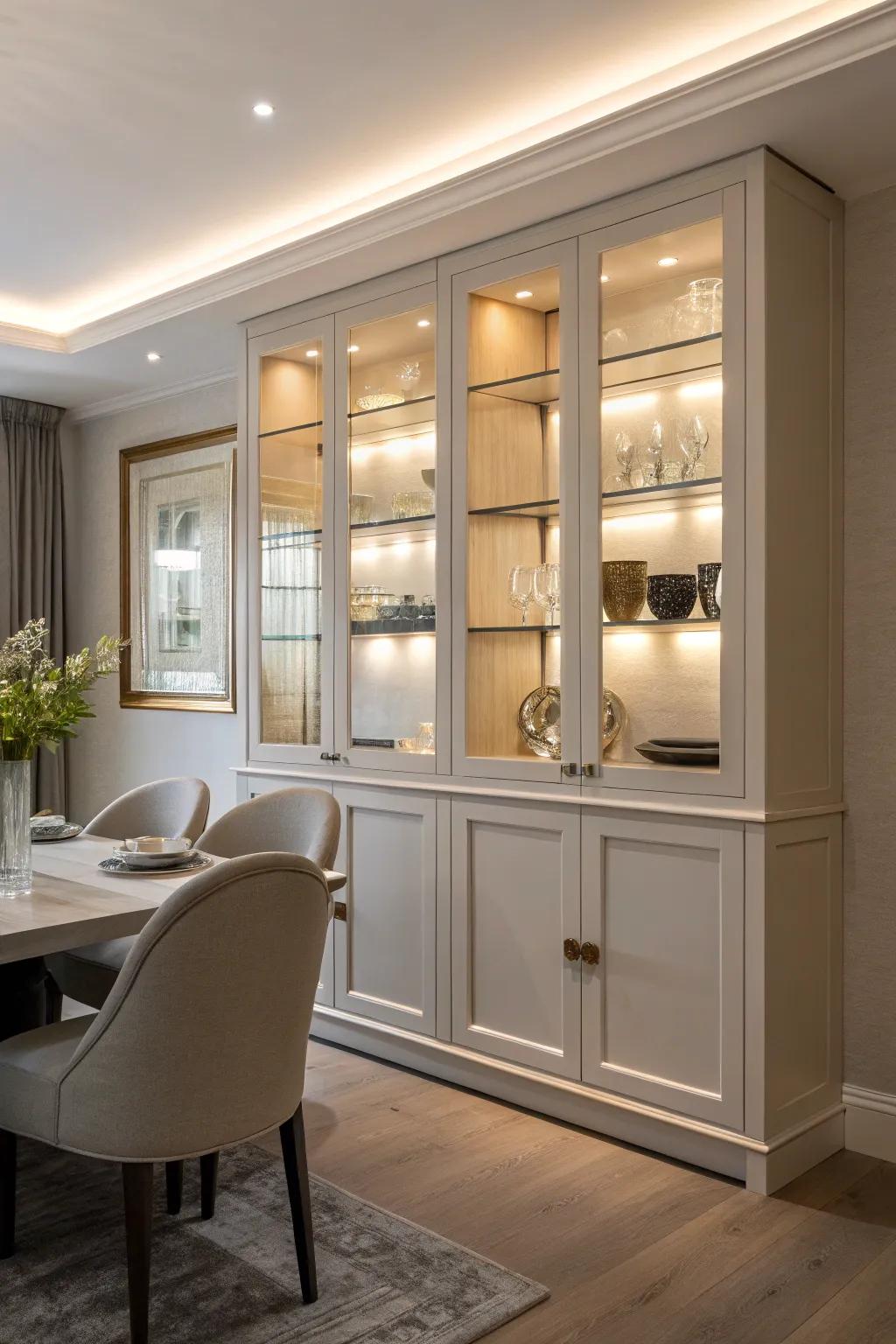 Built-in cabinets create a custom and elegant look in the dining room.
