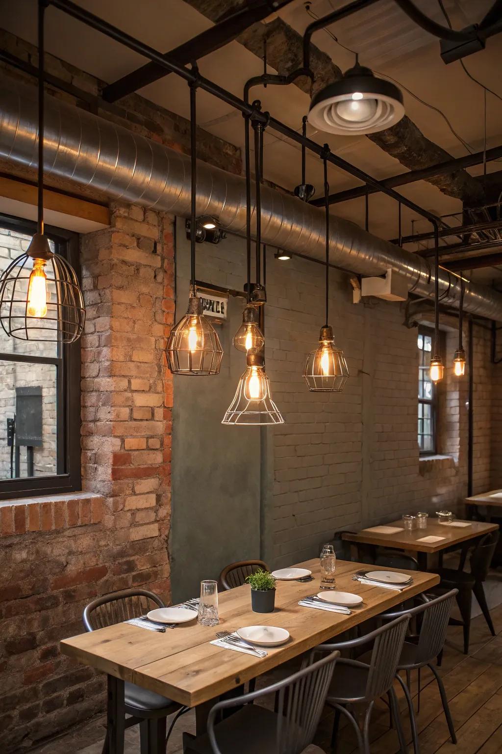 Workshop lighting injects a raw, city-like edge into this dining space.