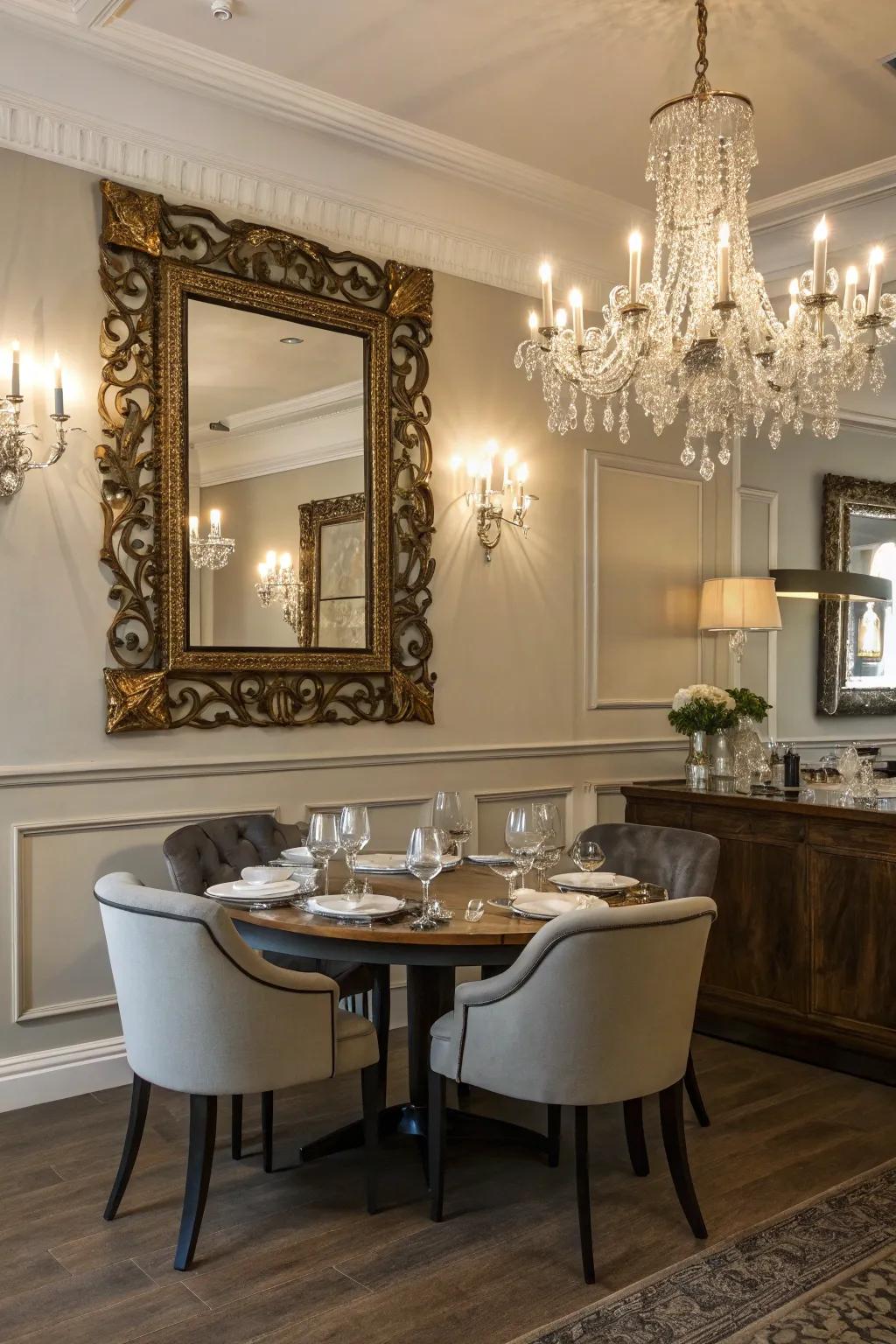 An embellished frame introduces a vintage element to contemporary decor.