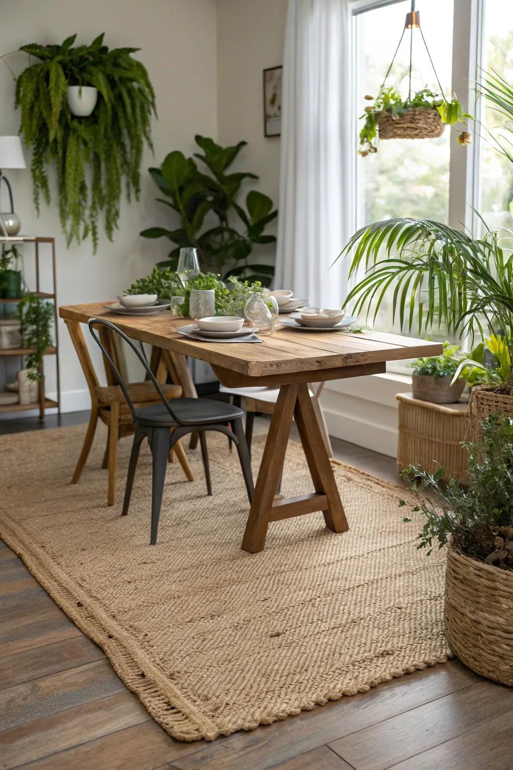 Rugs made of natural fibers imparting coziness and texture to the dining room.