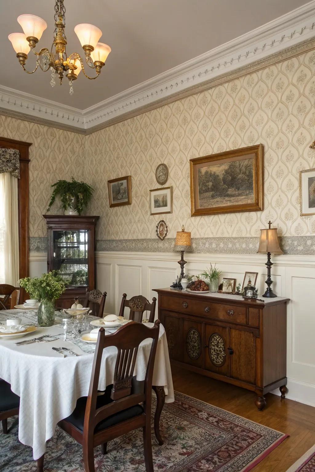 Wallpaper above the chair rail contributes texture and visual allure.