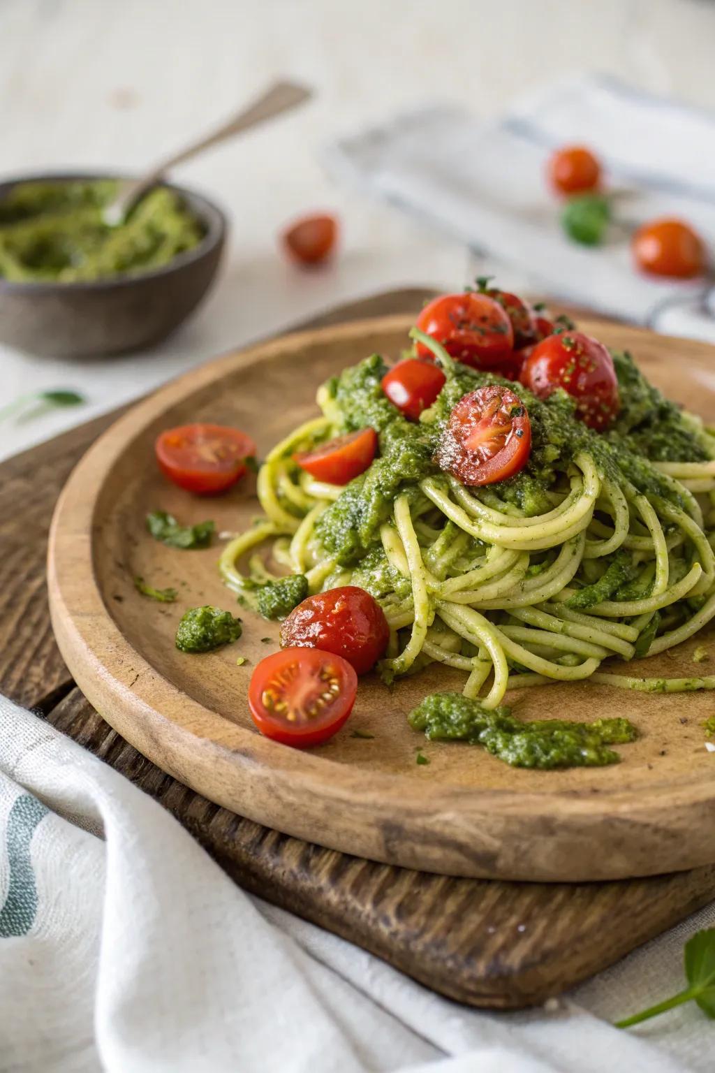 Enjoy guilt-free pasta with courgette pasta and herb sauce.