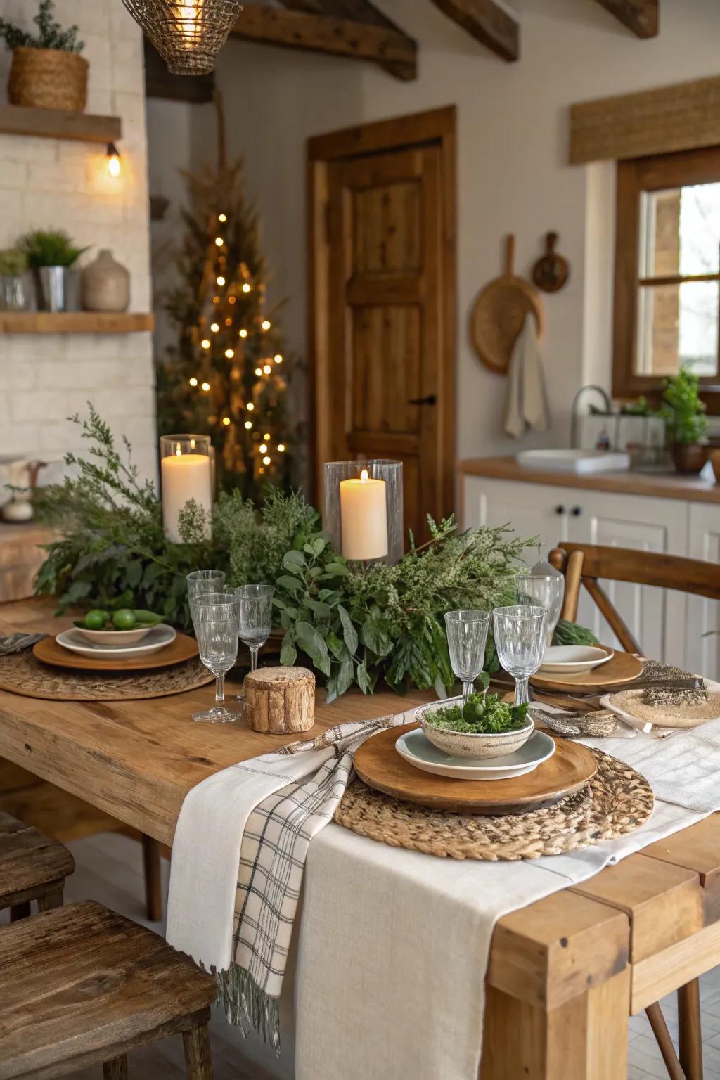 Natural touches like greenery and timber elevate the table's charm.
