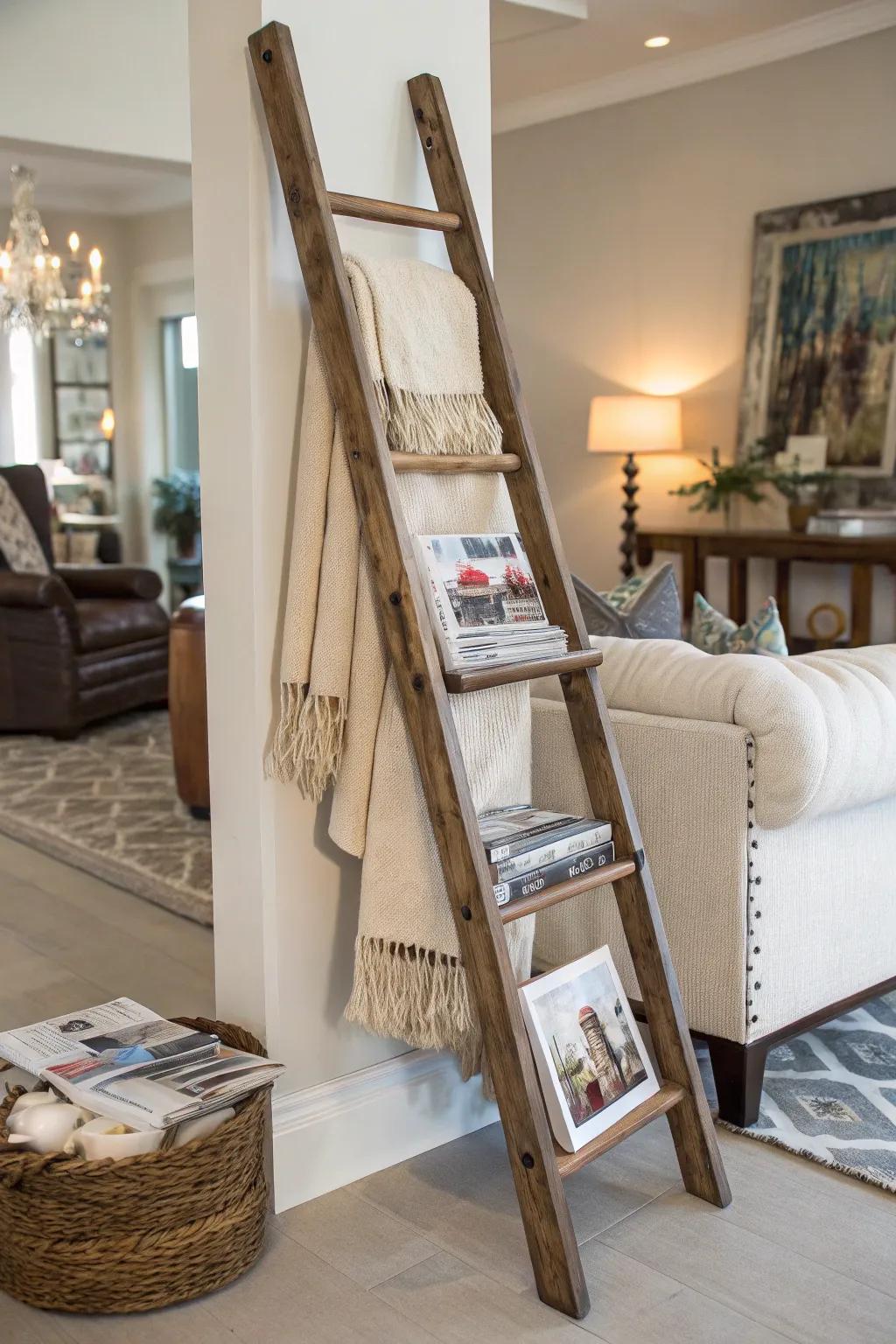 A refurbished vintage ladder serving as a unique piece of decor.