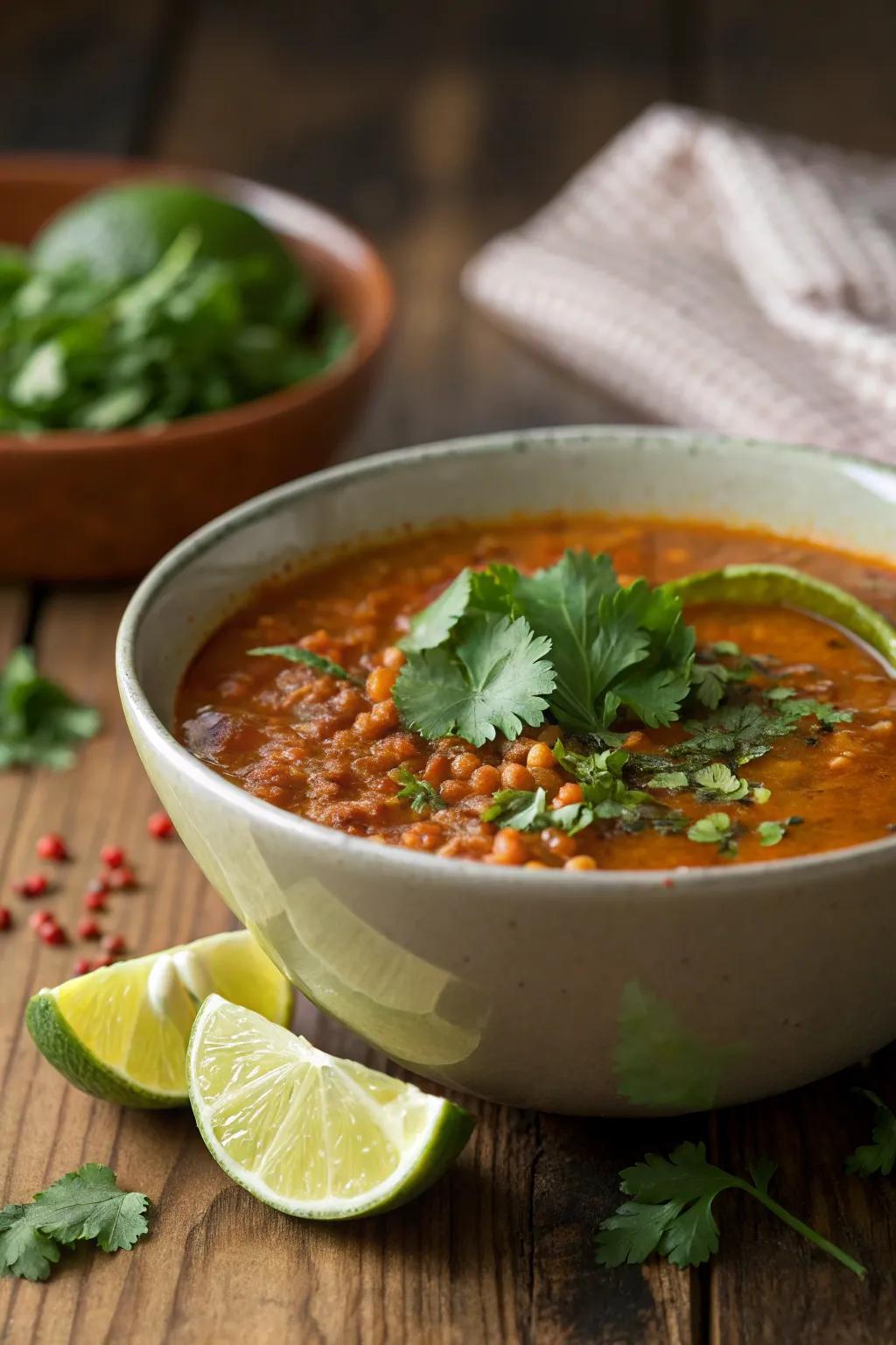 A delightful, warm cup of lentil soup to enjoy a Diwali meal.