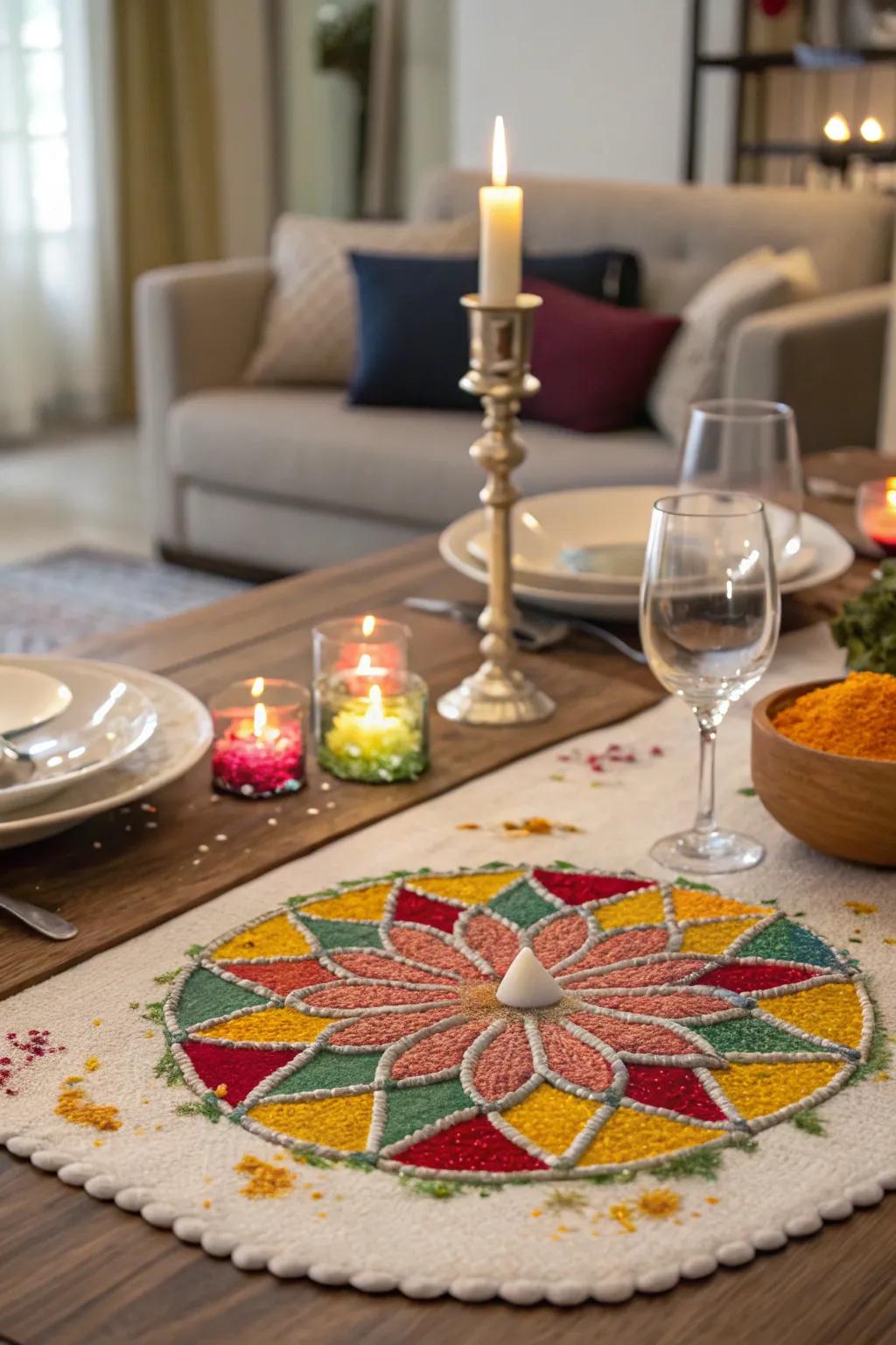 A decorative rangoli design acts as a stunning focal point for the Diwali table.