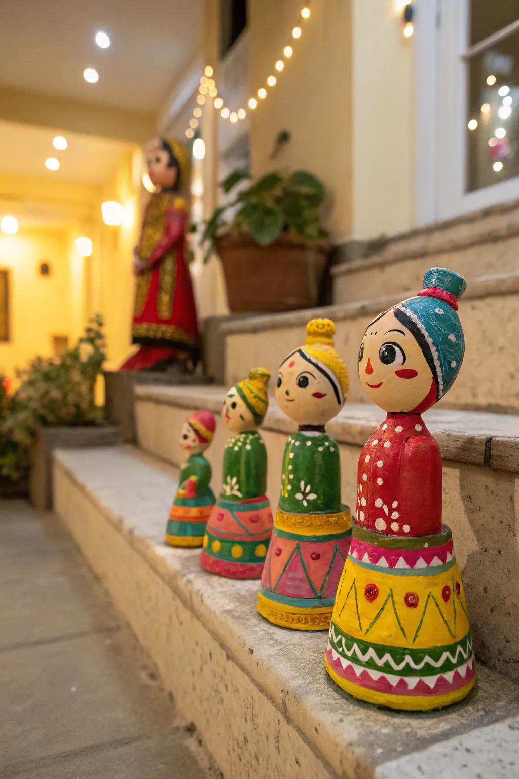 Vibrantly colored handcrafted clay dolls prepared for Golu.