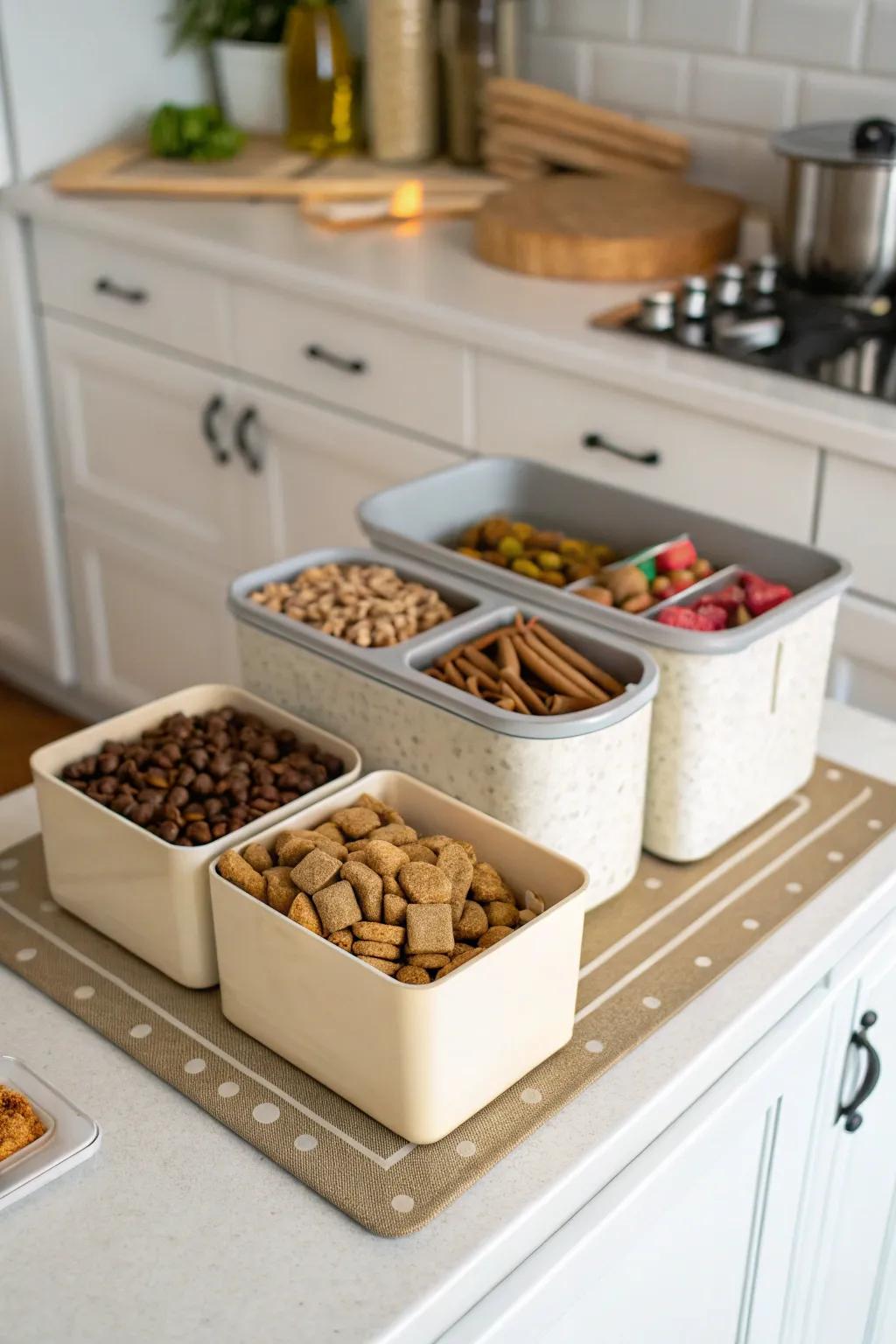 A multi-bin organizer keeps various dog foods and treats neatly sorted and easy to get to.