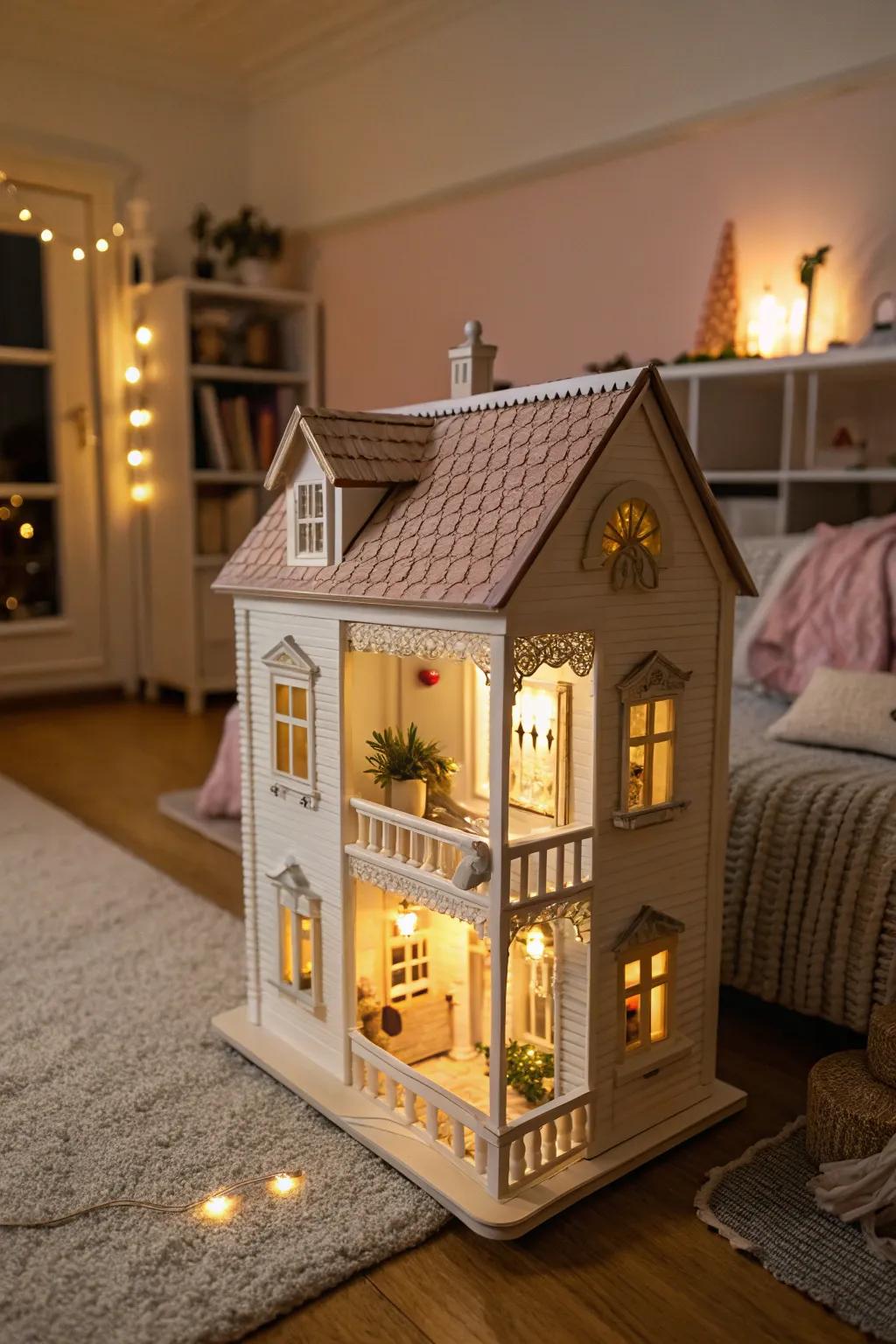 Lighting adds a comforting touch to dollhouse displays.