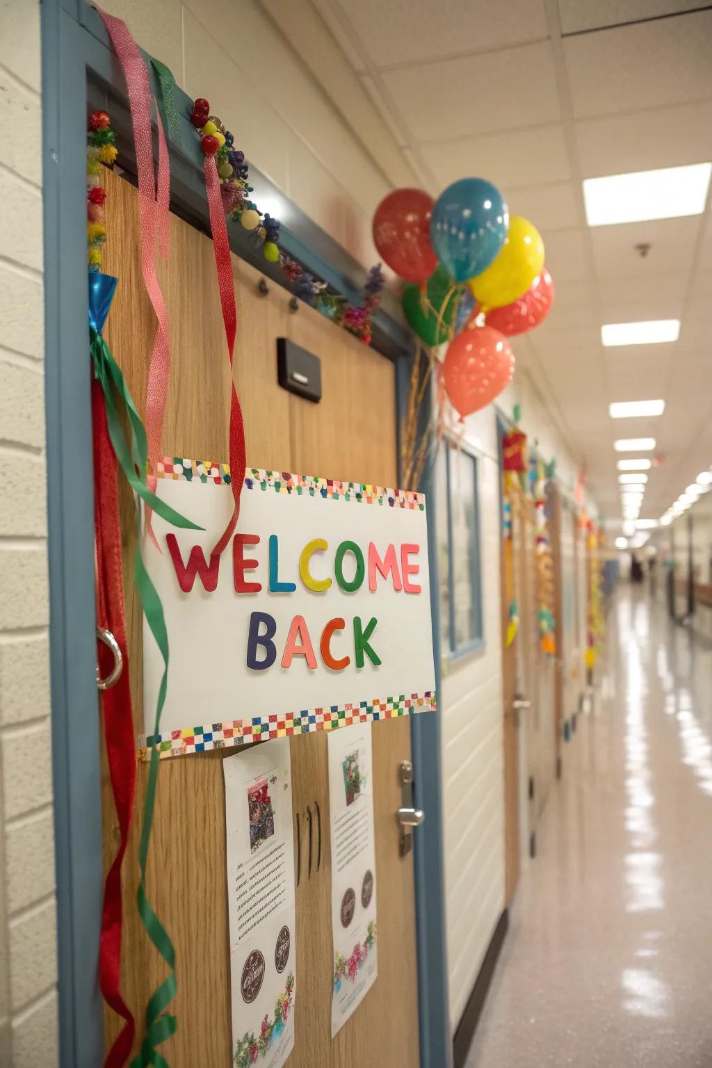 A seasonal welcome greeting brightening up the classroom door.