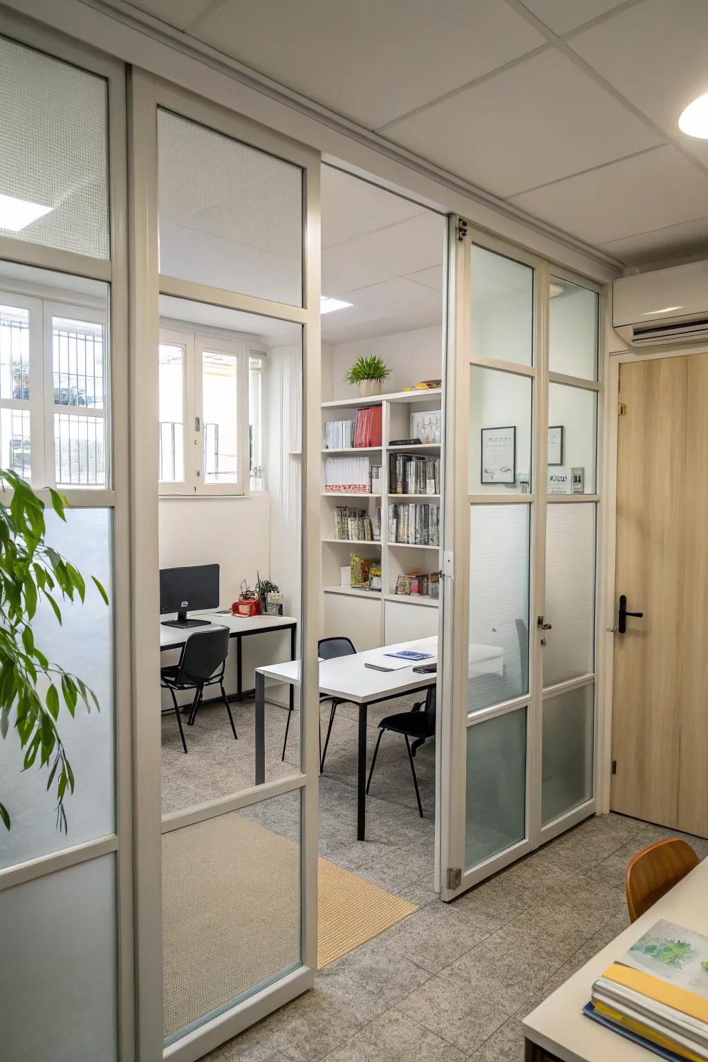 Glass doors enhance openness and light inside compact areas.