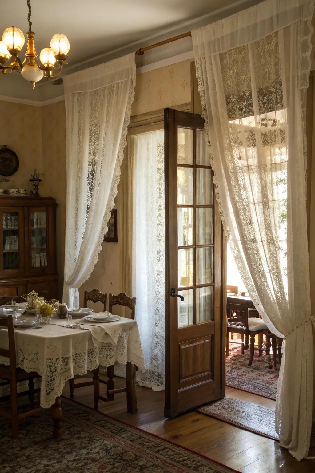 Lace curtains give classic elegance to dining locations.