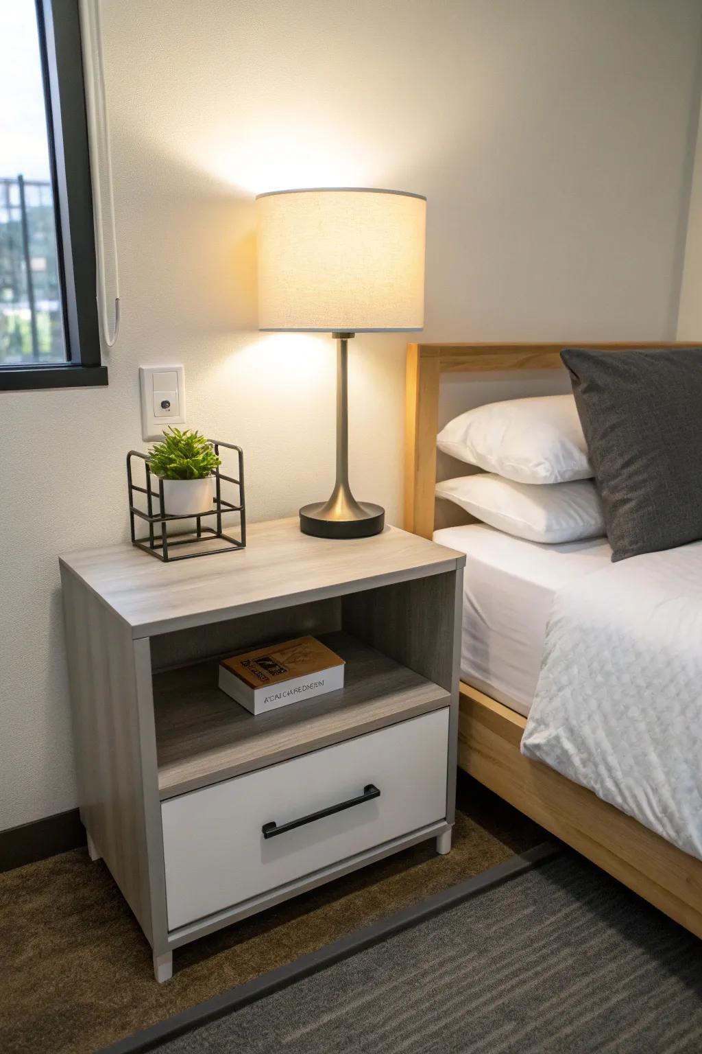 A simple table adds to a clean and tranquil dorm environment.