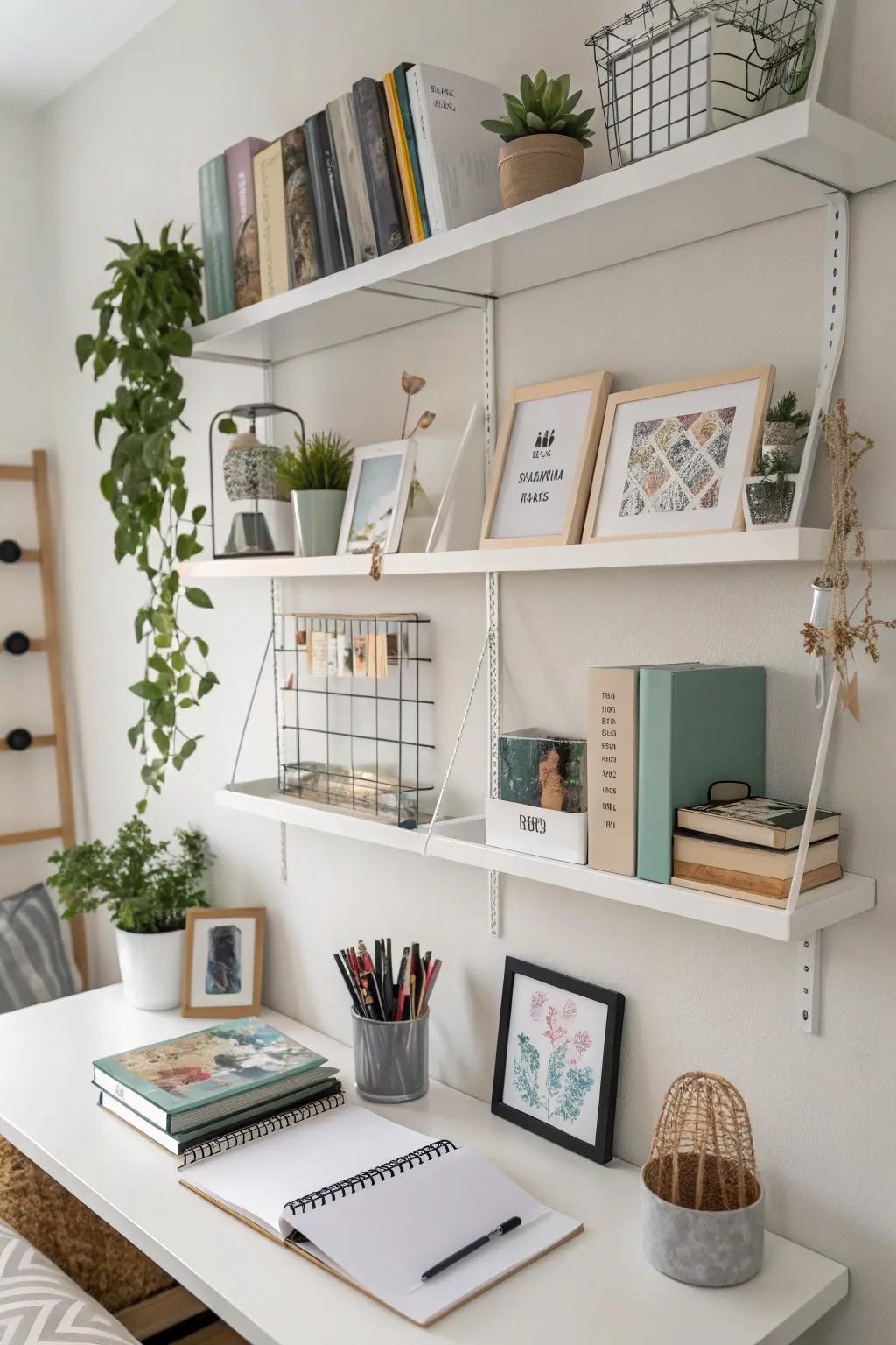 Wall storage keeps key items nearby and floors uncluttered.